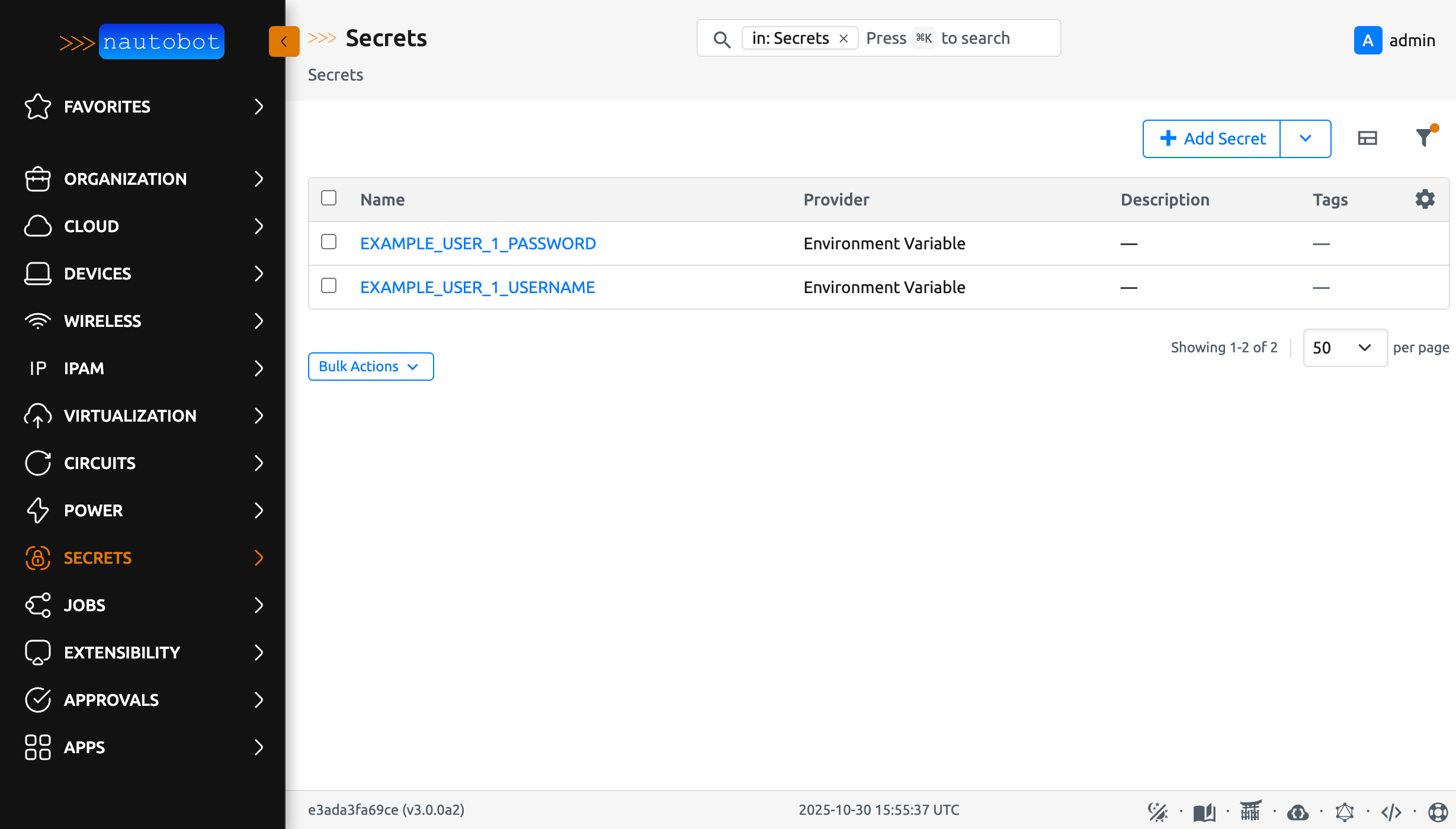 Secrets page, populated