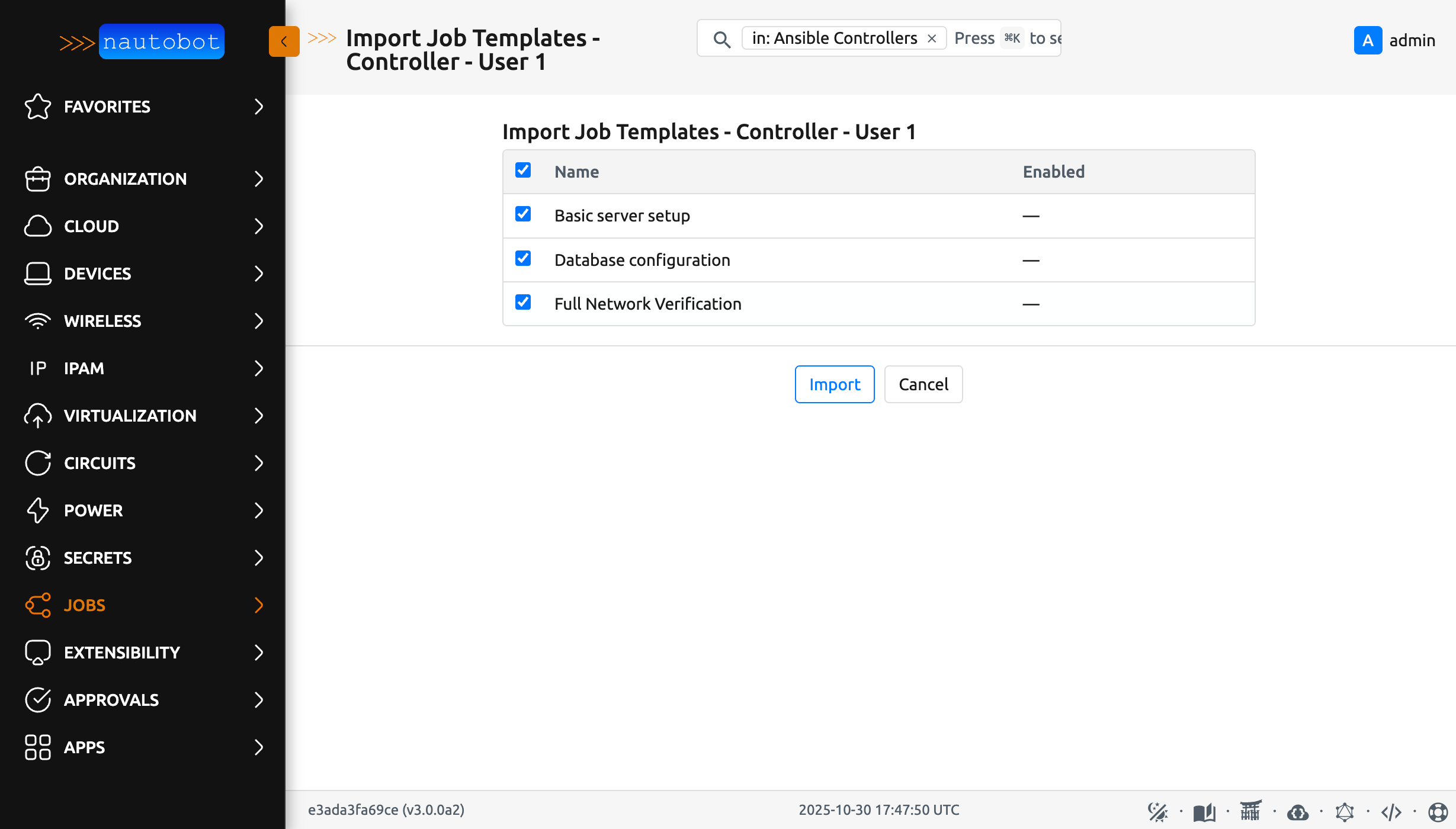 Import dialog, all jobs selected