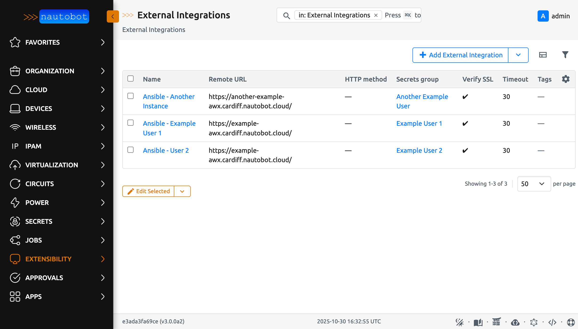 Three external integrations, one per AWX instance and one unused