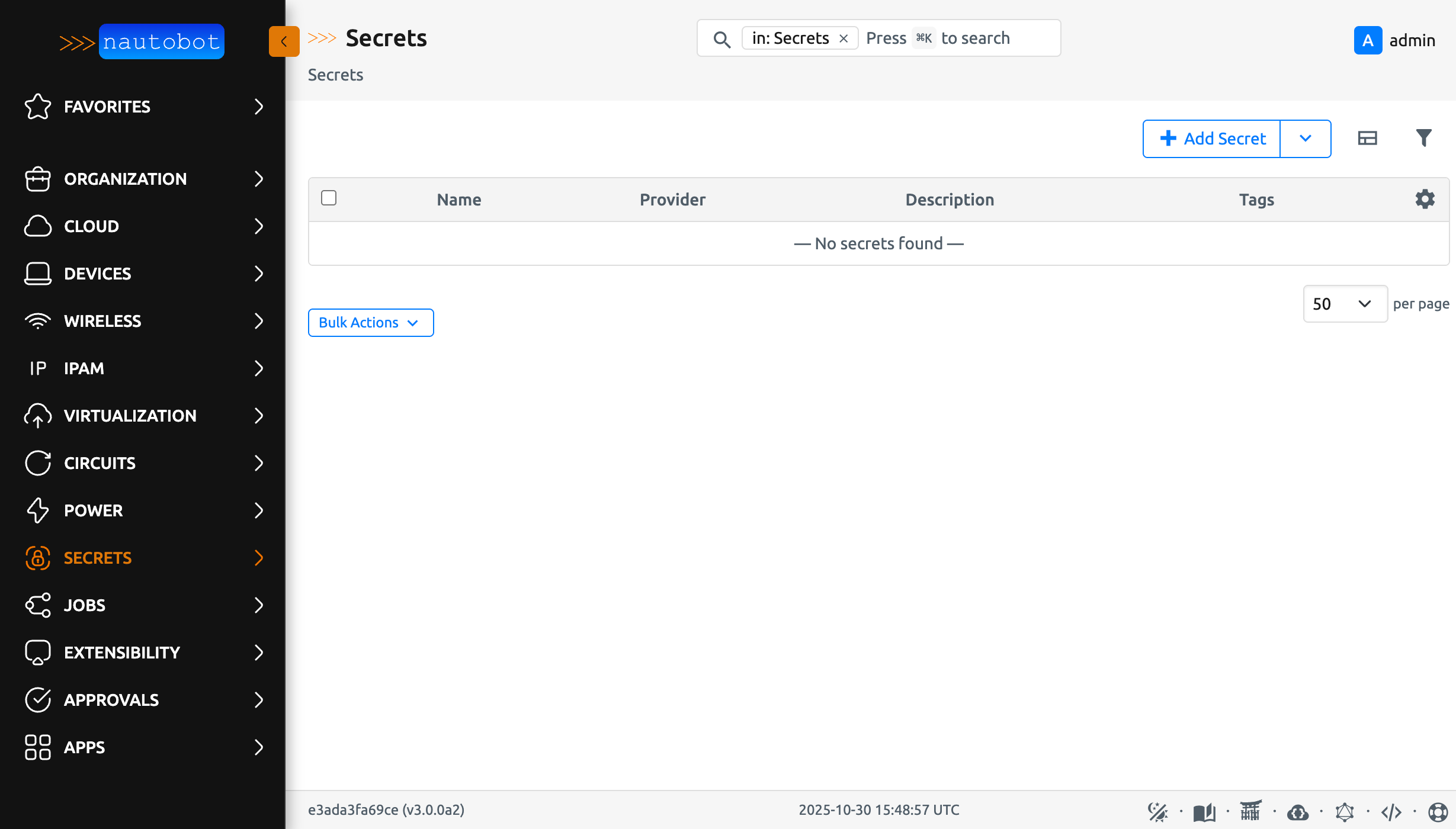 Secrets page, empty