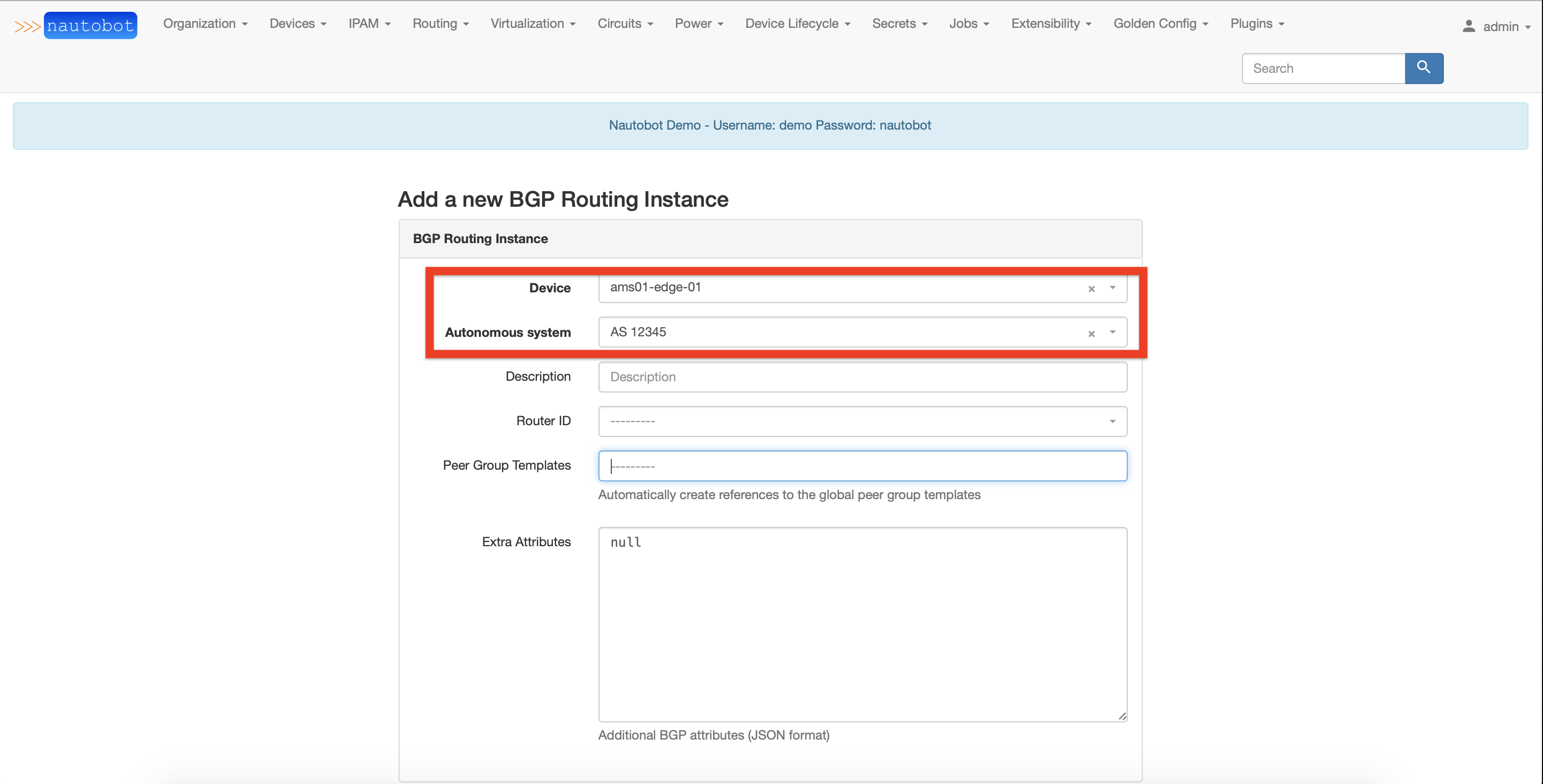 BGP Routing Instance Form