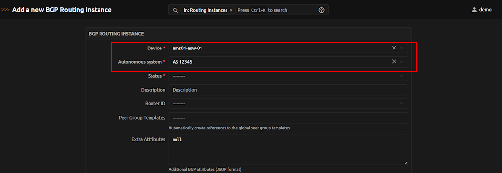 BGP Routing Instance Form