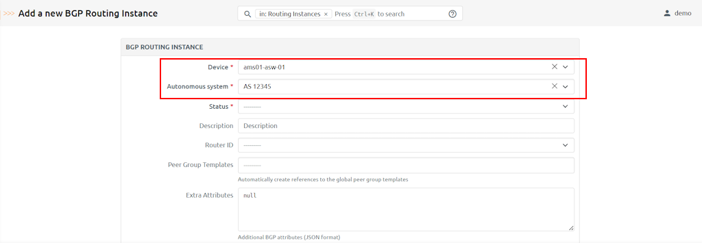 BGP Routing Instance Form