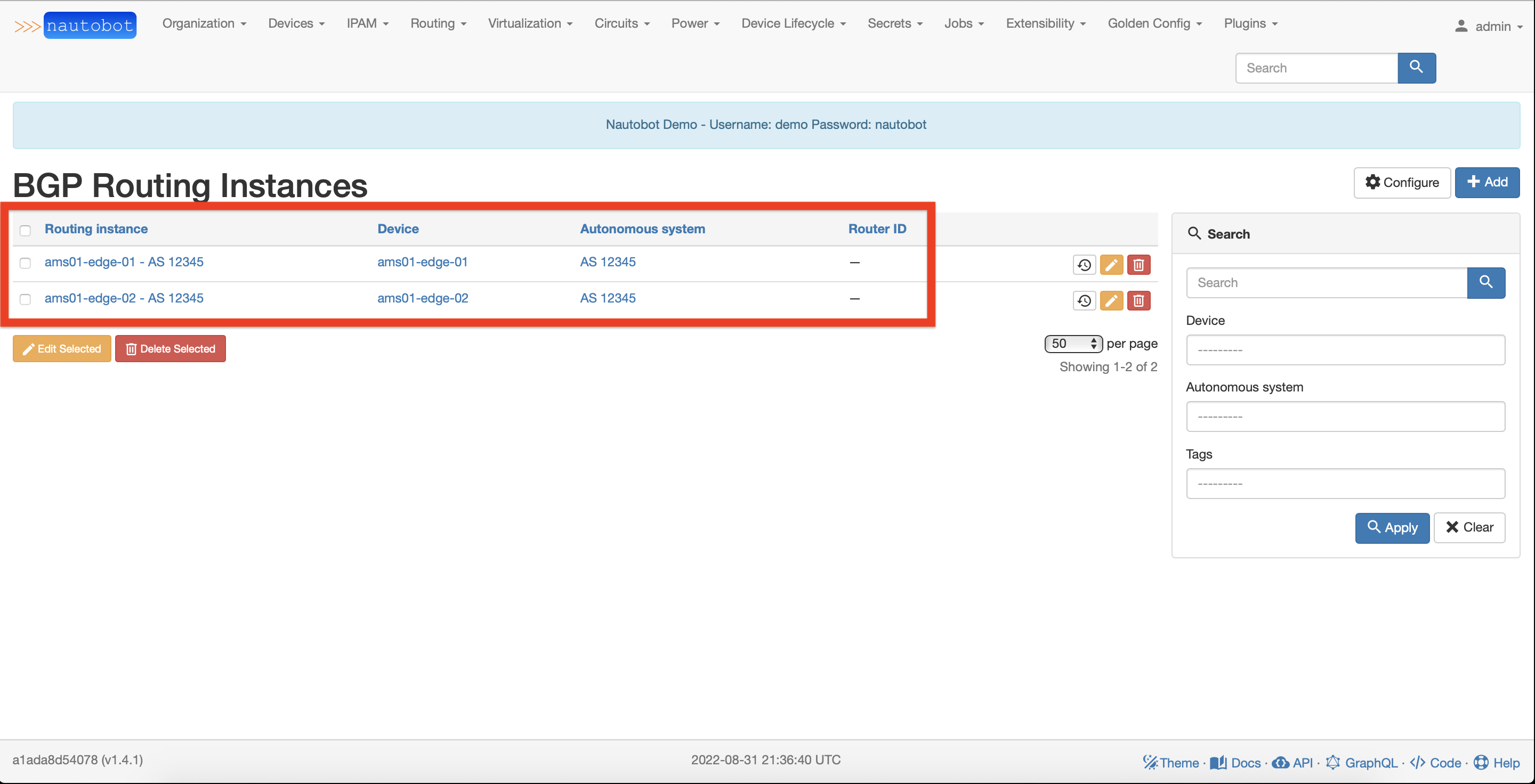 BGP Routing Instances List