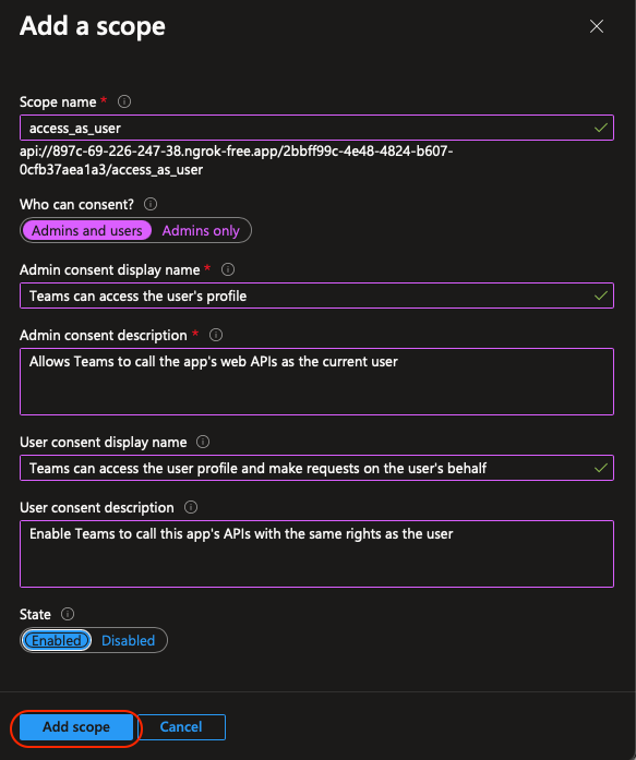 Azure Add a Scope Form
