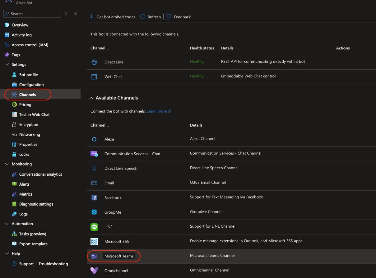 Azure Bot Channels