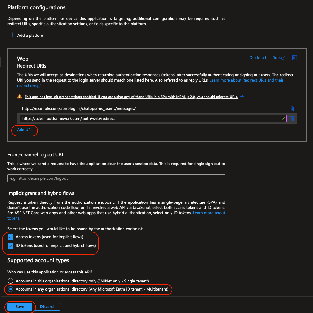 Azure Additional URI and Confirmation