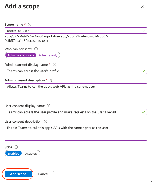Azure Add a Scope Form