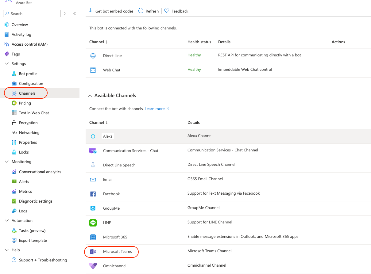 Azure Bot Channels