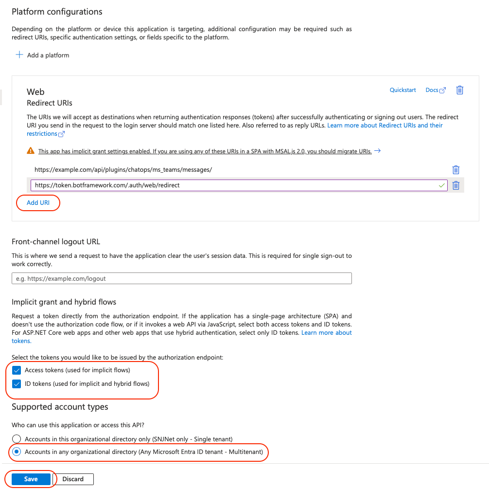 Azure Additional URI and Confirmation
