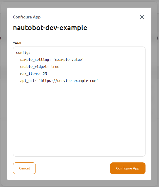 Configure App dialog — YAML editor