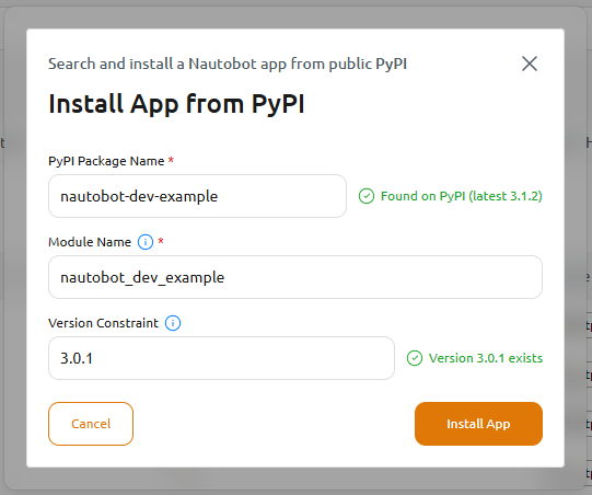 Install App from PyPI dialog