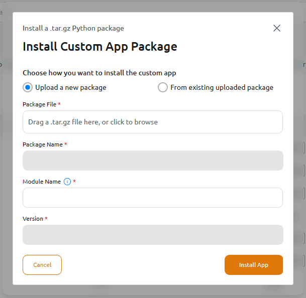 Install Custom App Package dialog