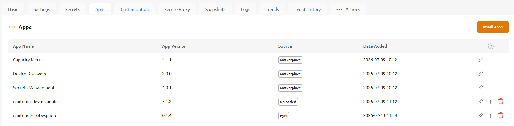 Apps tab of a Nautobot instance detail view