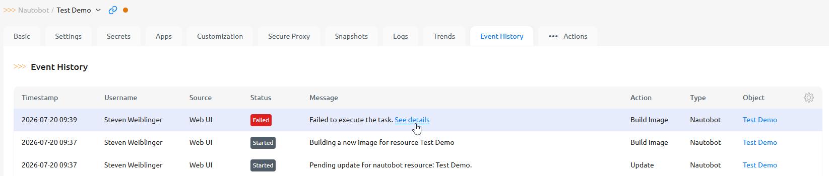 "Build Image" event with a Failed status and a "See details" link in Event History