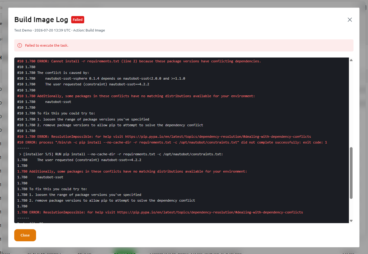 The "Build Image Log" showing a pip dependency-resolution error