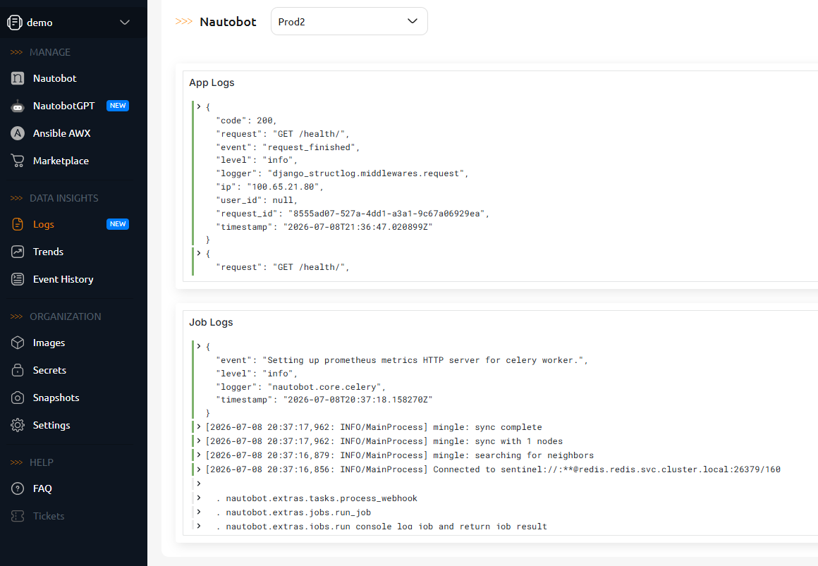 The Logs view under Data Insights