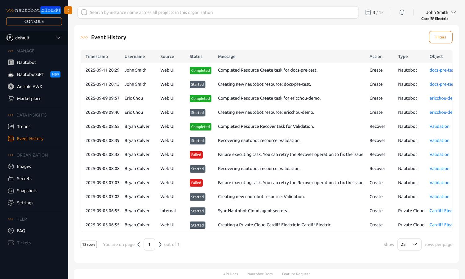 List of recent events for all instances