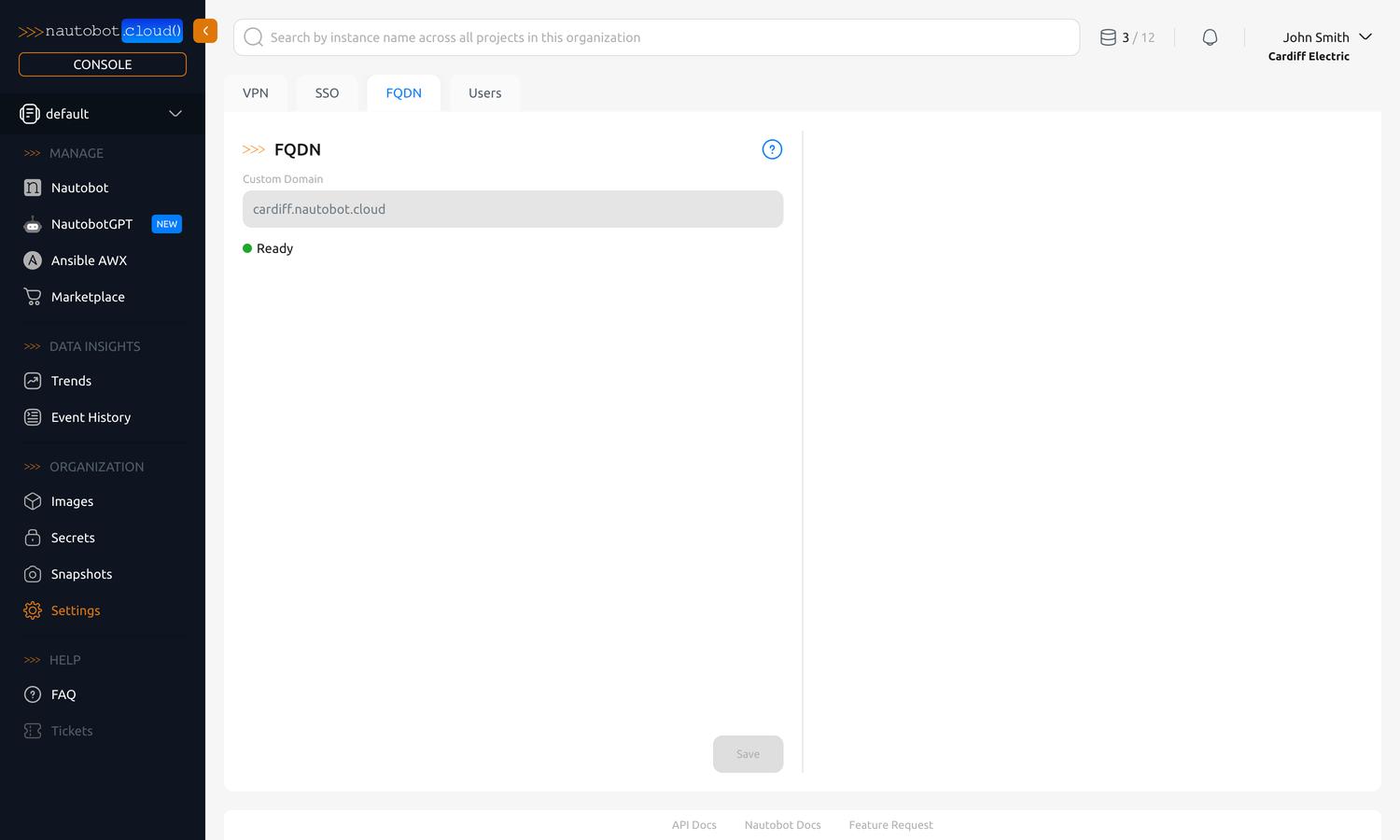FQDN section of the organization settings page