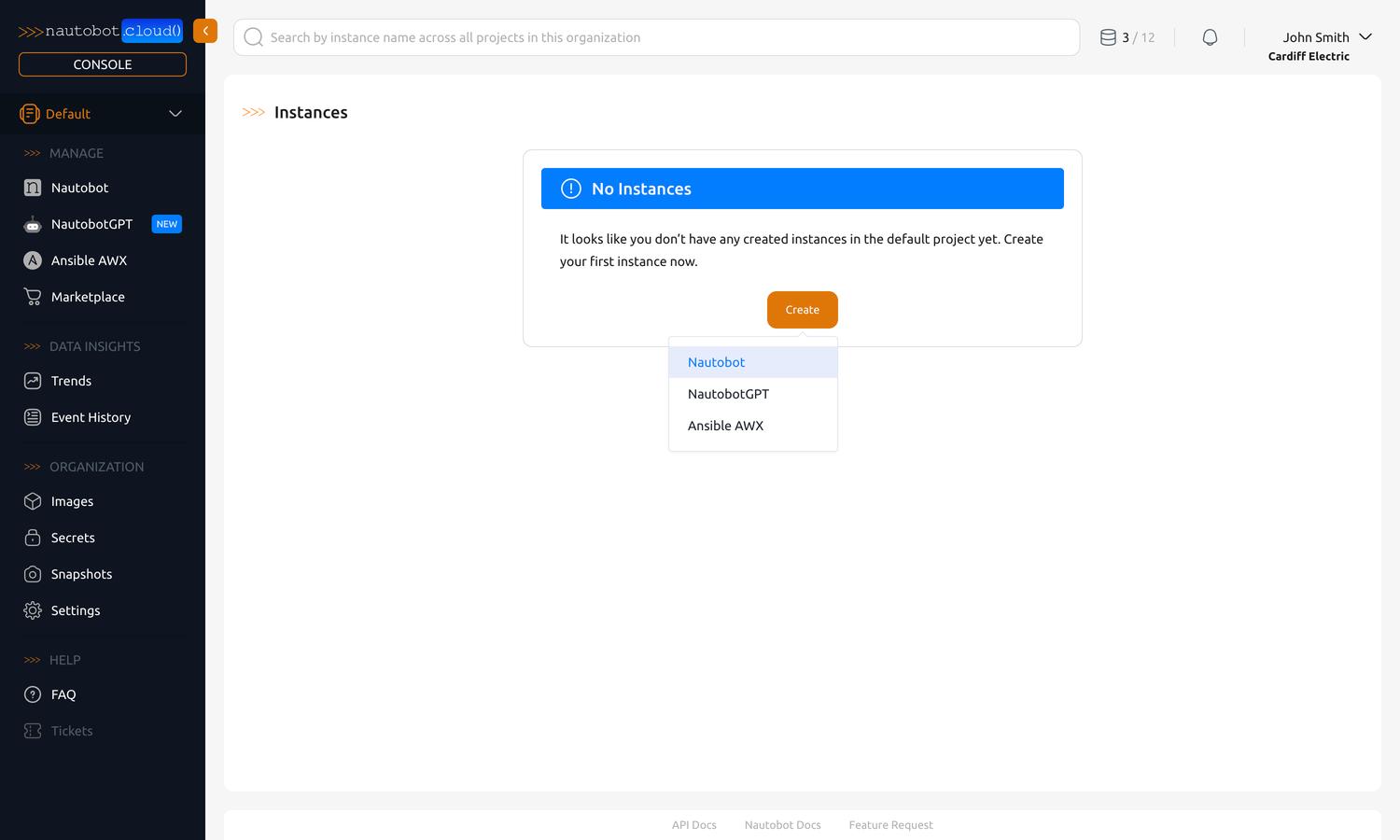 A dashboard showing no instances, with a button to create one
