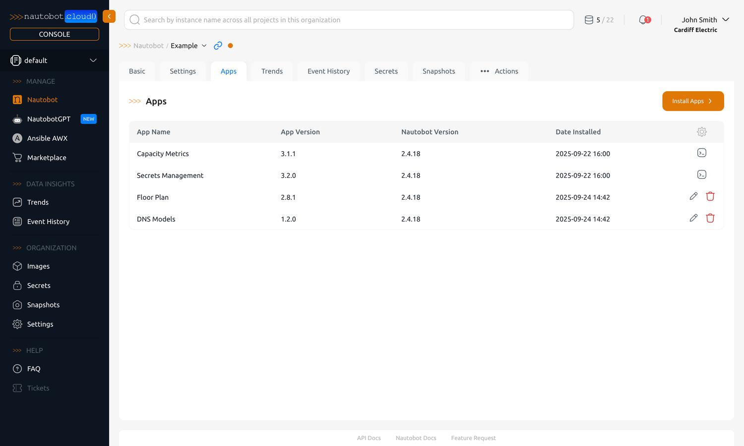 "Apps" tab of a Nautobot instance detail view