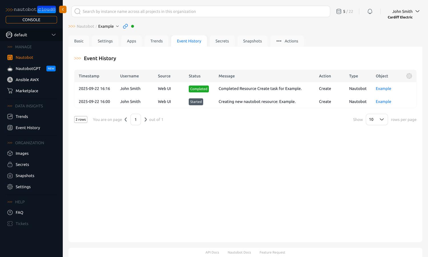 "Event History" tab of an instance detail view