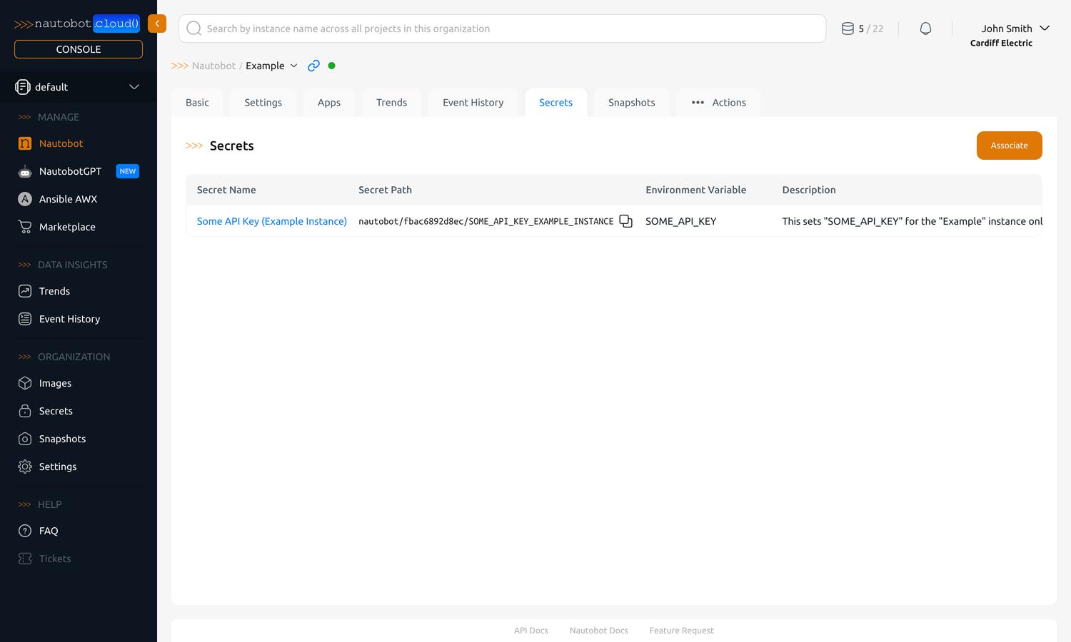 "Secrets" tab of an instance detail view
