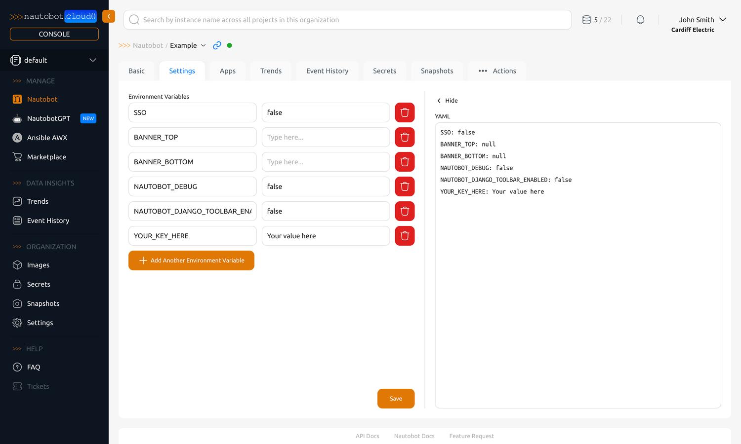 "Settings" tab of an instance detail view