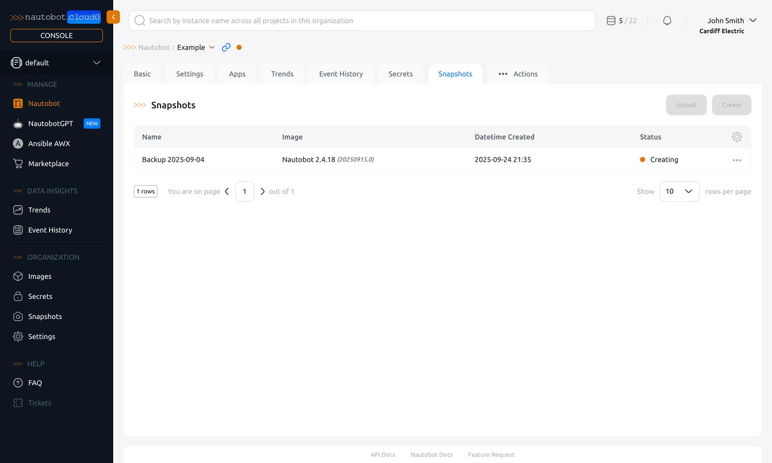 "Snapshots" tab of a Nautobot instance detail view