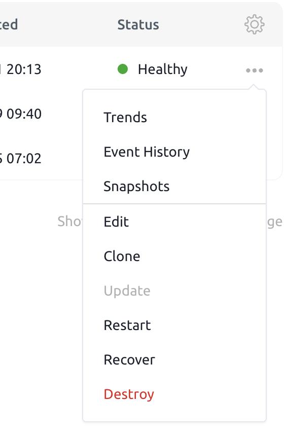 Dropdown to the right of an instance with a list of possible actions