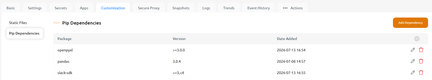 Pip Dependencies list