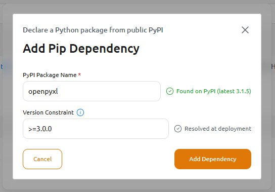 Add Pip Dependency dialog