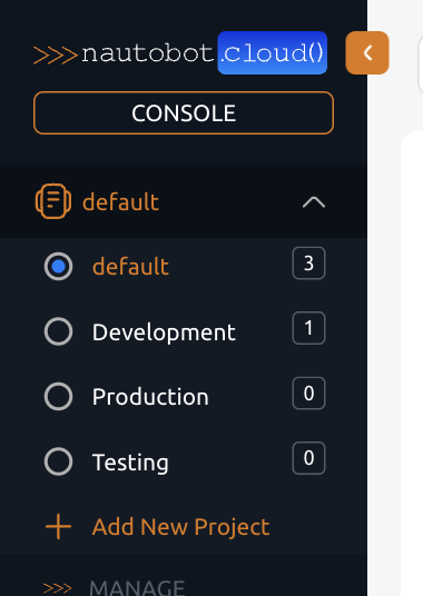 List of projects displayed as a dropdown on the left sidebar
