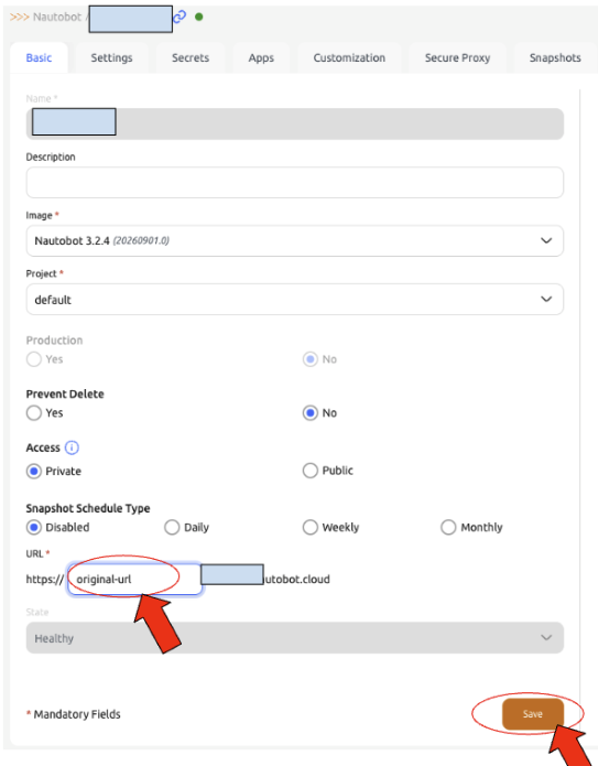 Updating the URL on the replacement instance.
