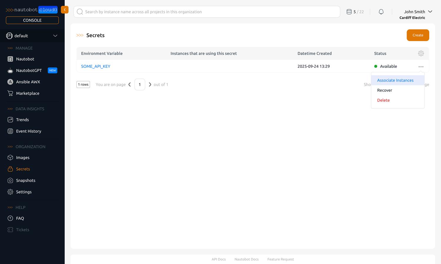 Ellipsis menu on a Secret, with "Associate Instances" option highlighted