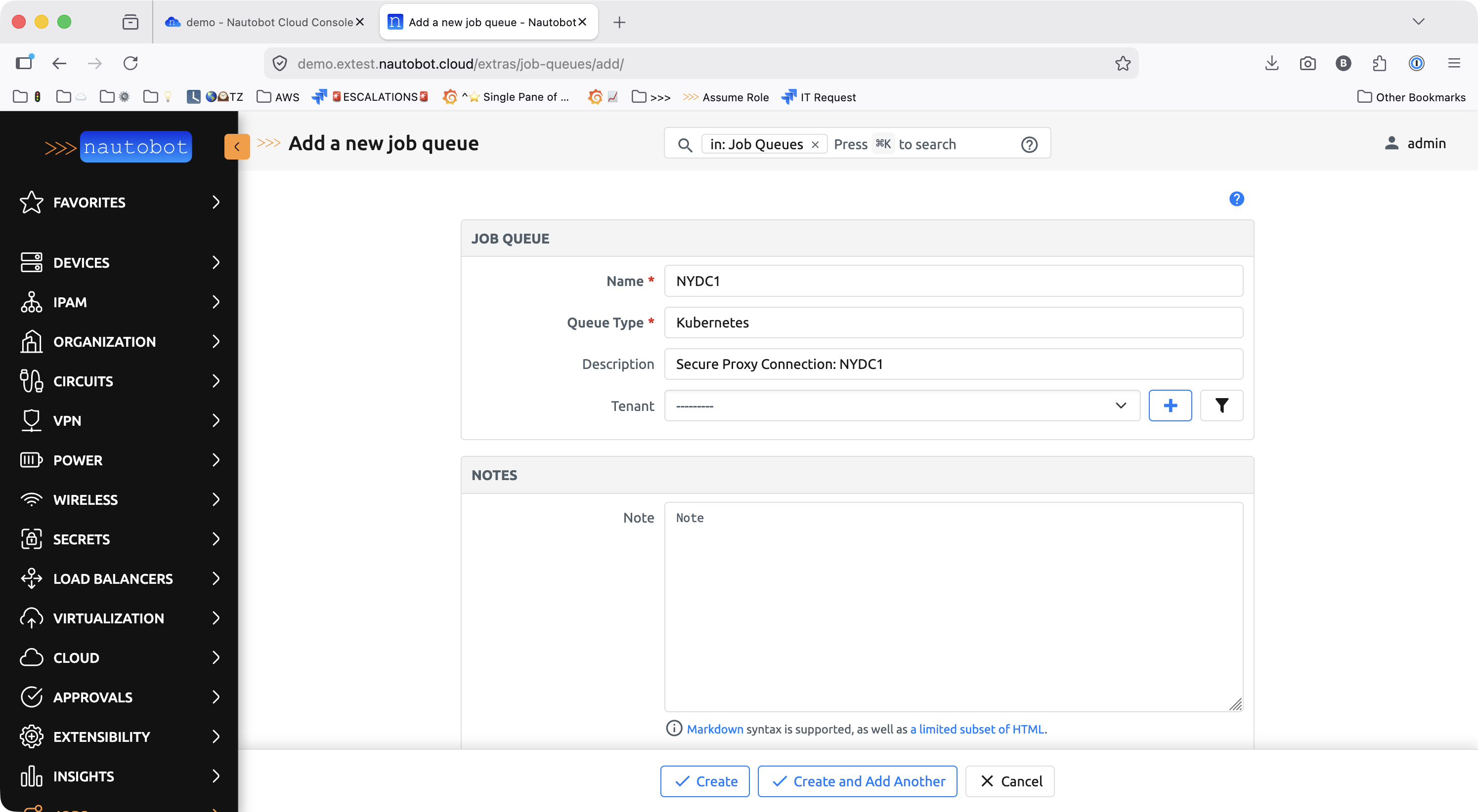 Add a new job queue form with Queue Type set to Kubernetes and Name set to NYDC1