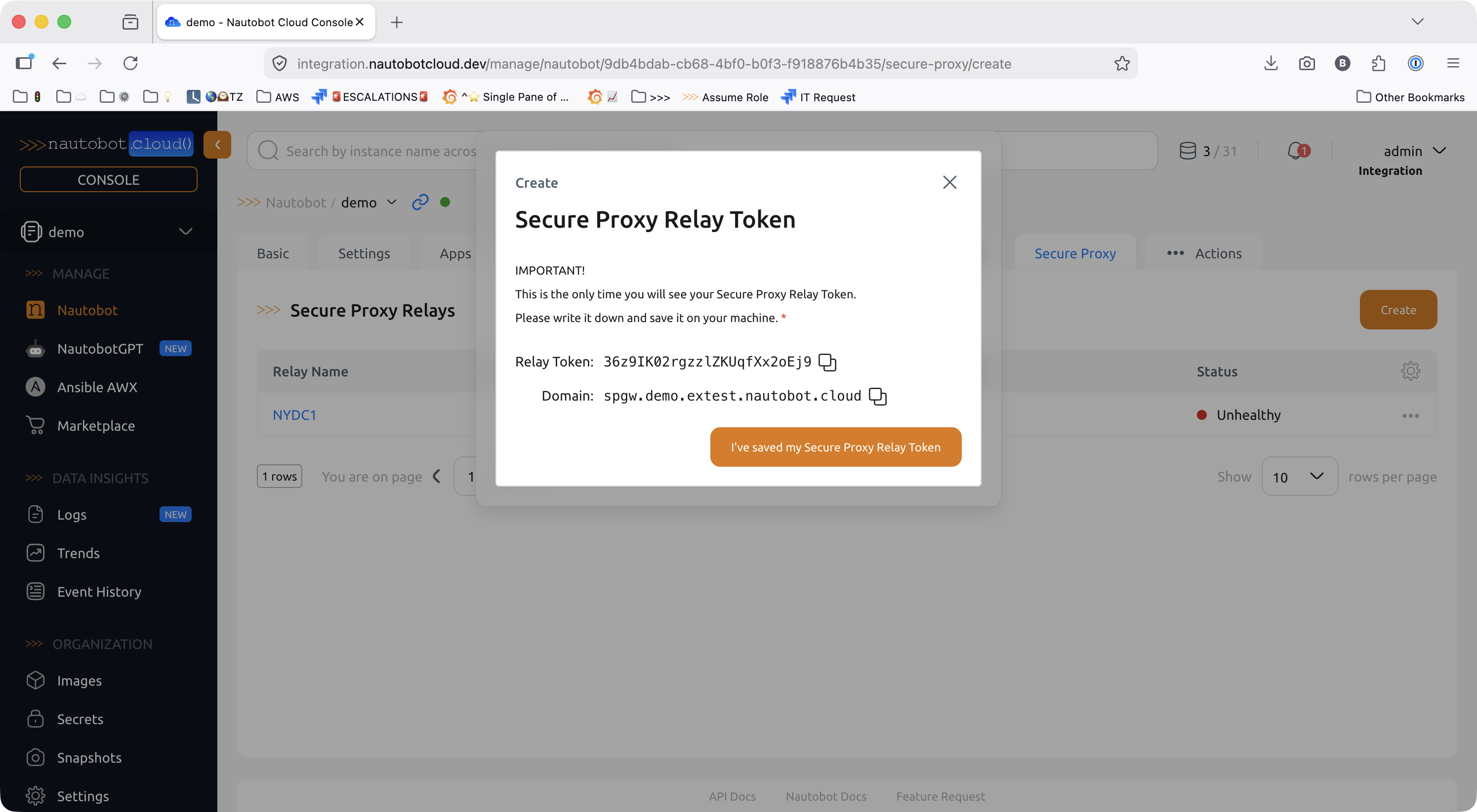 Secure Proxy Relay Token dialog showing the generated gateway domain and relay token