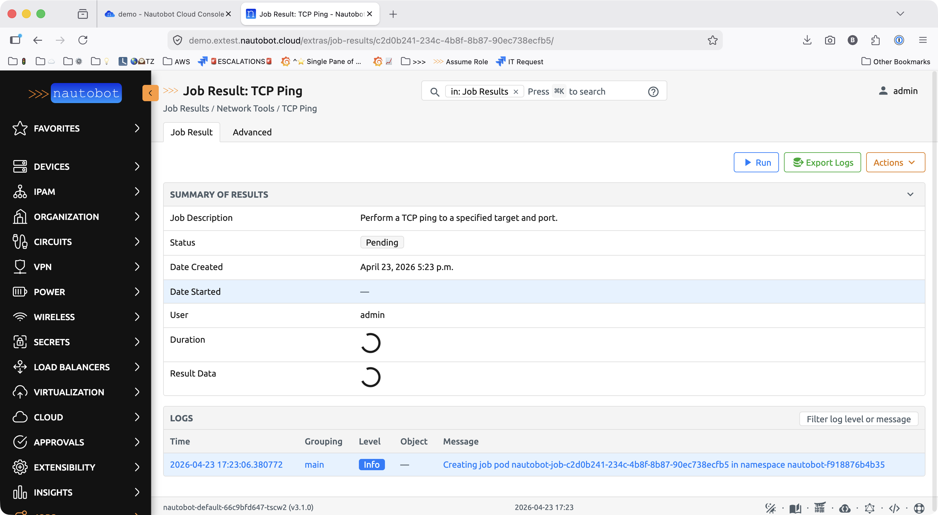 TCP Ping job result in Pending state with a log line showing the worker pod being created