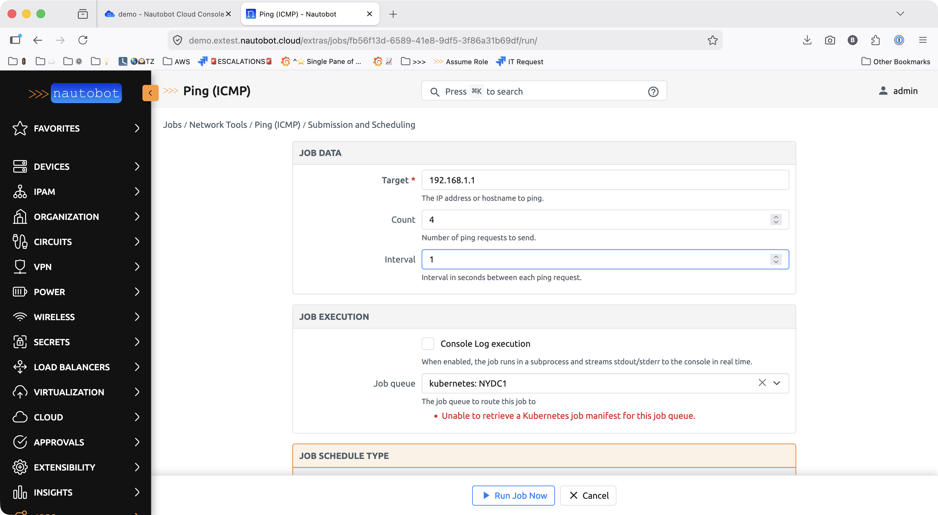 Ping (ICMP) submission form showing the Unable to retrieve a Kubernetes job manifest error