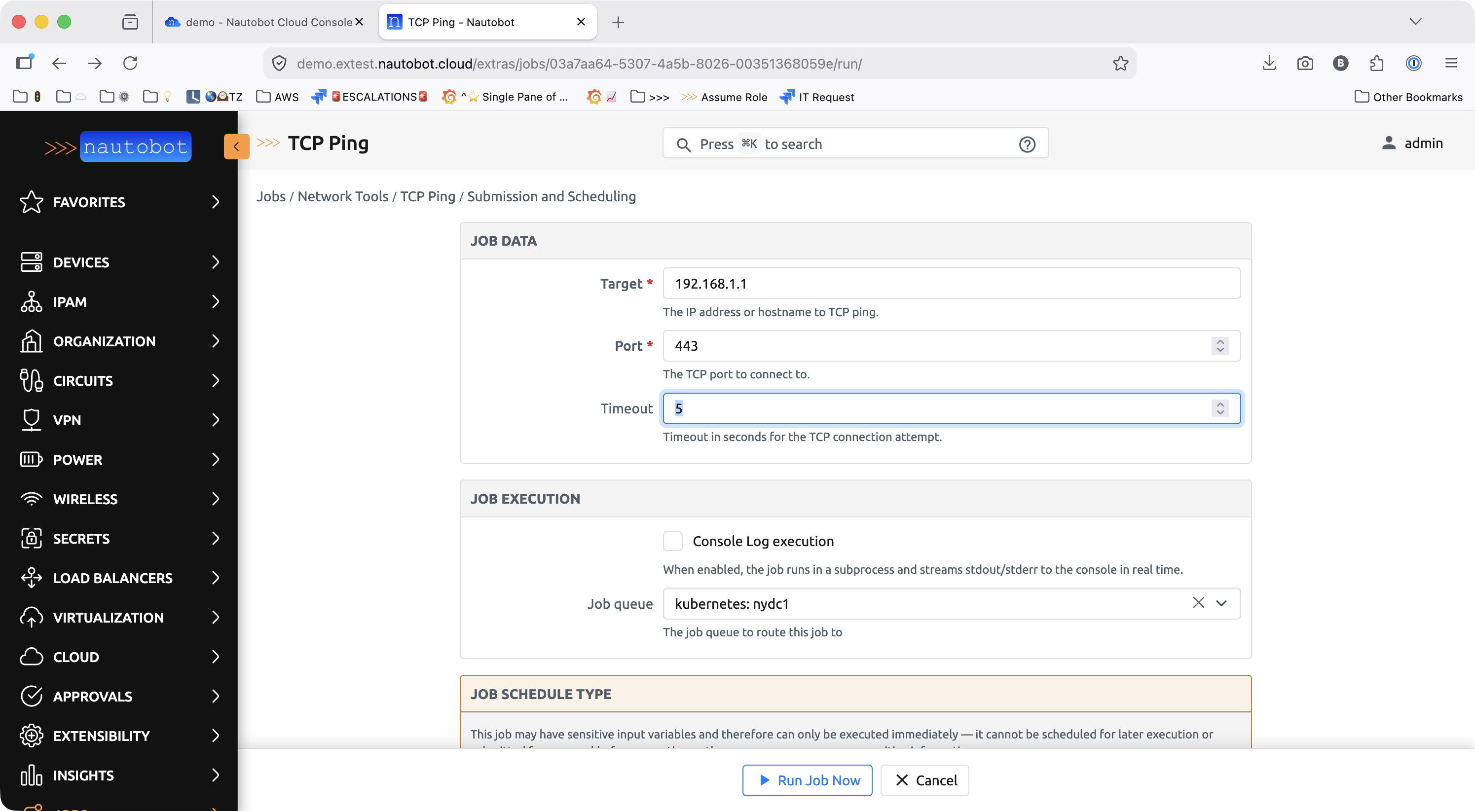 TCP Ping submission form with Job queue set to kubernetes: nydc1