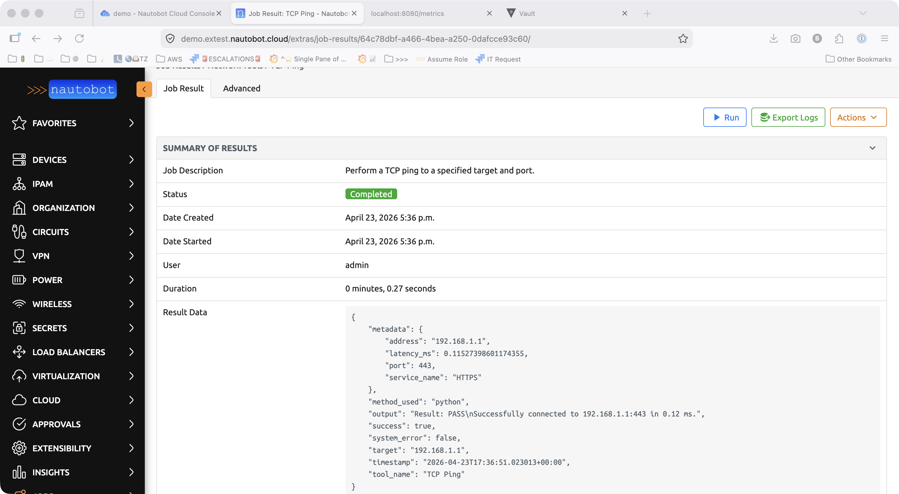 TCP Ping job result in Completed state showing a successful connection to 192.168.1.1:443