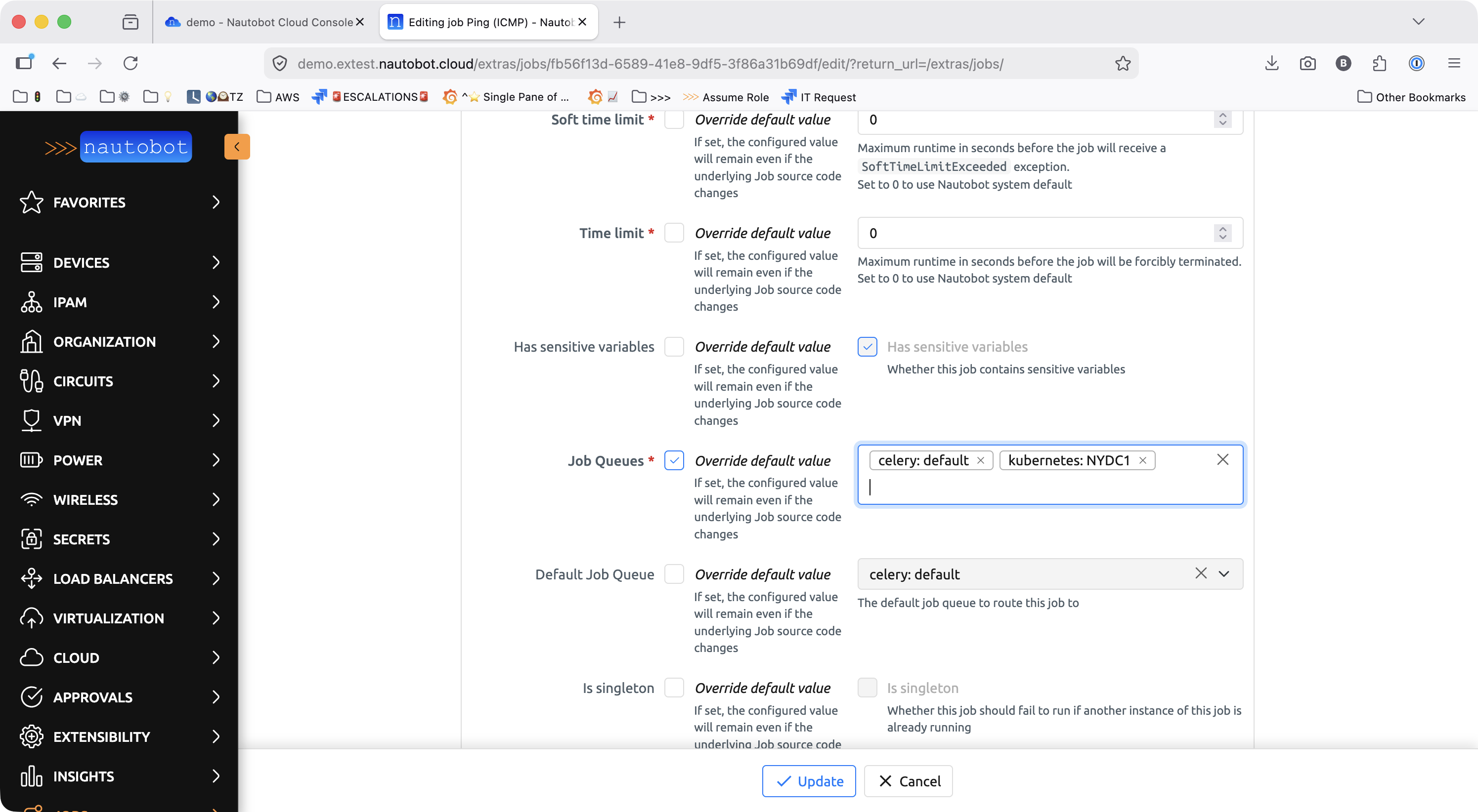 Editing a job's Job Queues field to include both celery: default and kubernetes: NYDC1