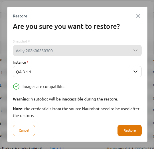 Restore confirmation dialog with Snapshot and target Instance selectors