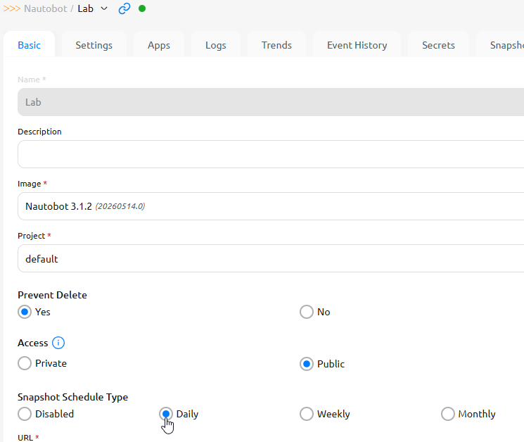Snapshot Schedule Type selector on the instance's Basic settings