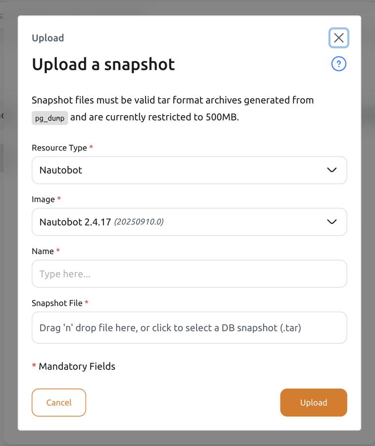"Upload snapshot" dialog