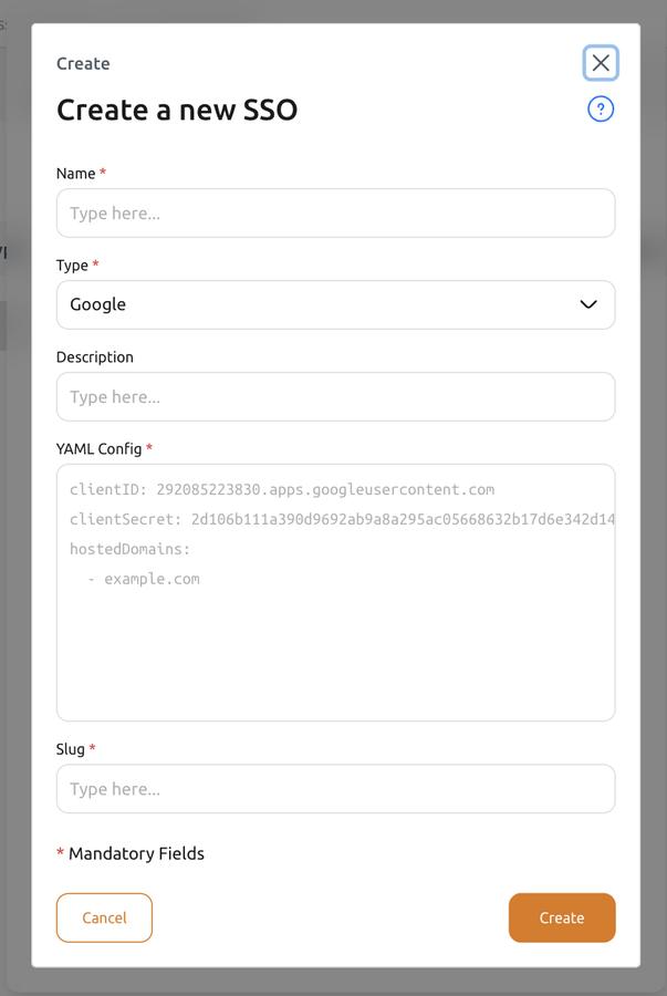 Dialog prompting the user to create a new SSO integration