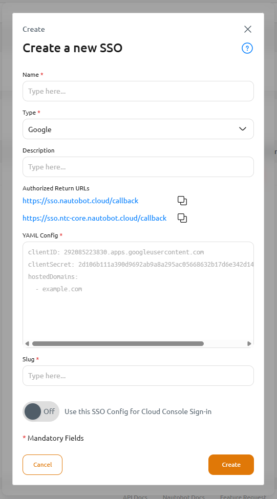 Dialog prompting the user to create a new SSO integration
