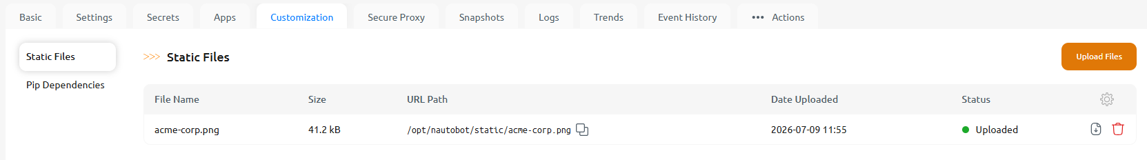Static Files list