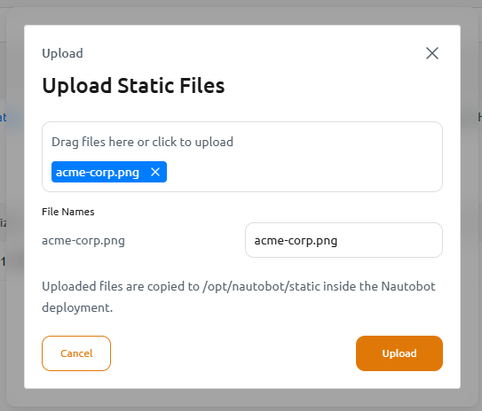 Upload Static Files dialog