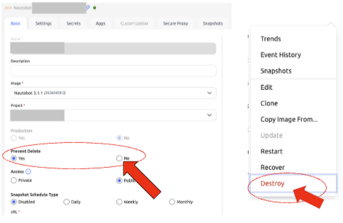 Setting Prevent Delete to No, then selecting Destroy.